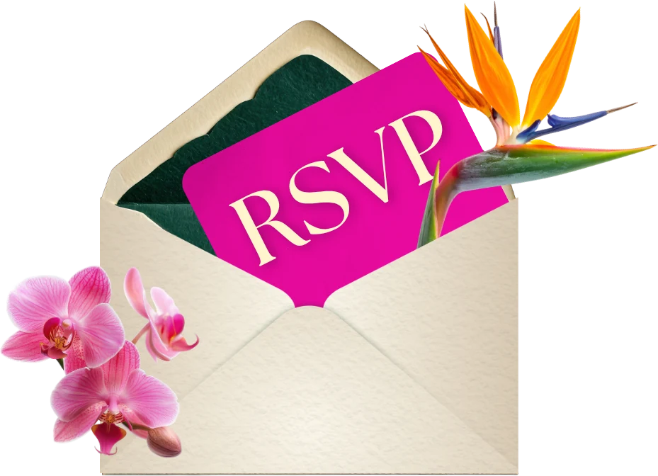 Envelope with an RSVP card and tropical flowers